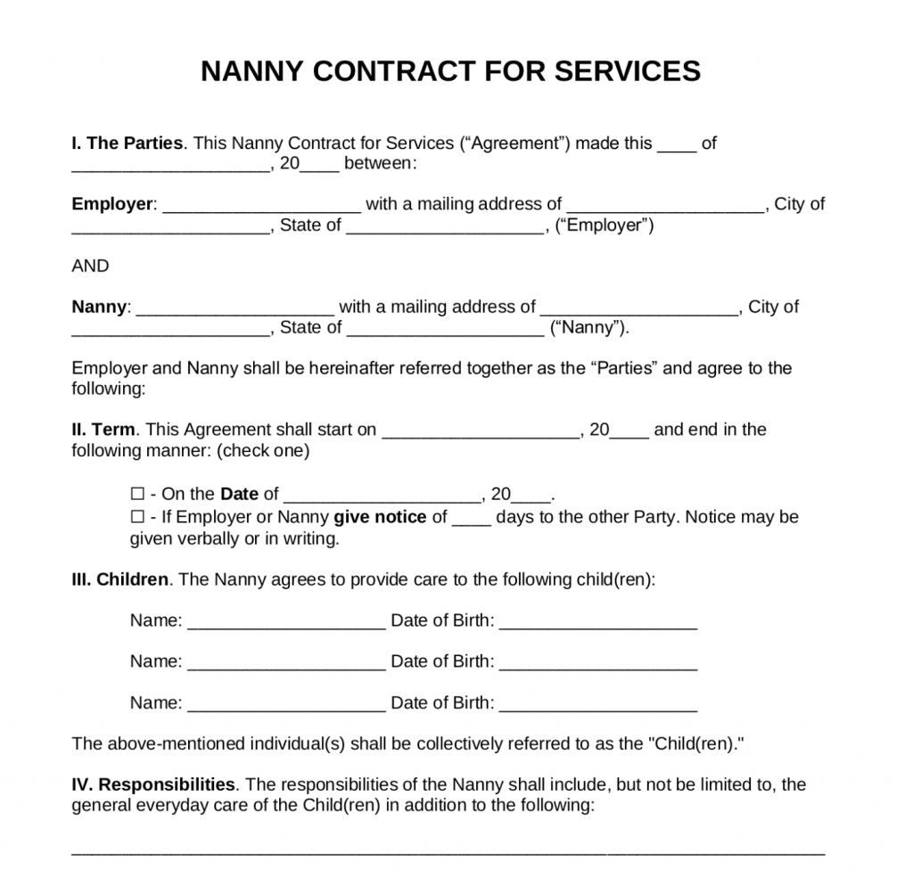 Printable Nanny Contract Template - Download Free