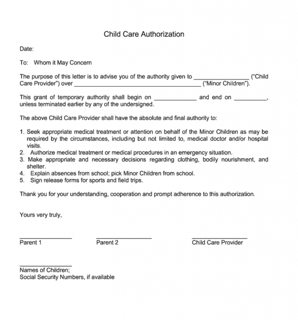 Fillable Child Care Authorization Template