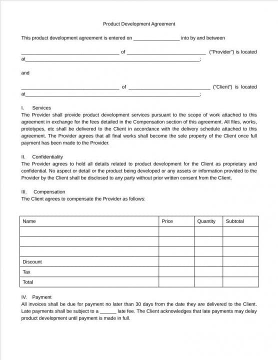 Free Downloadable Product Development Agreement Template