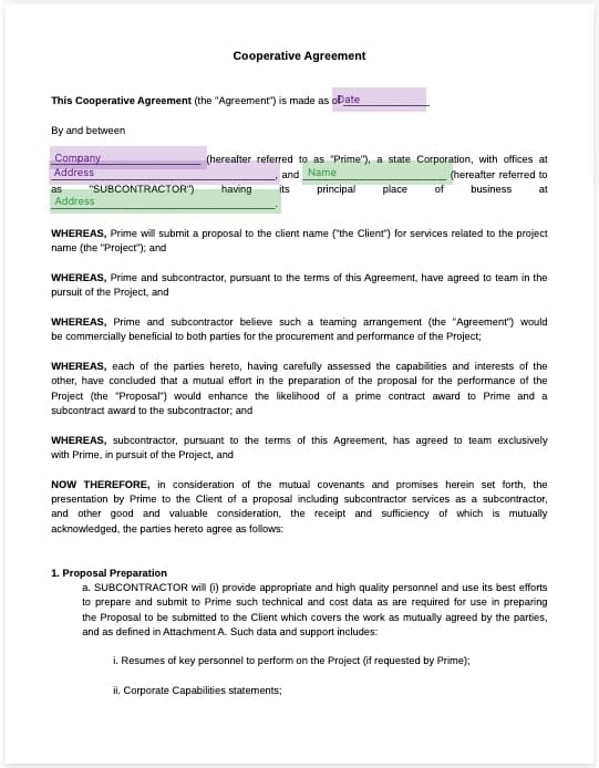 Cooperative Agreement Template for Collaborative Projects