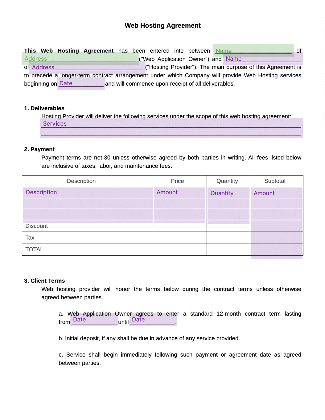 Web Hosting Agreement - Fill