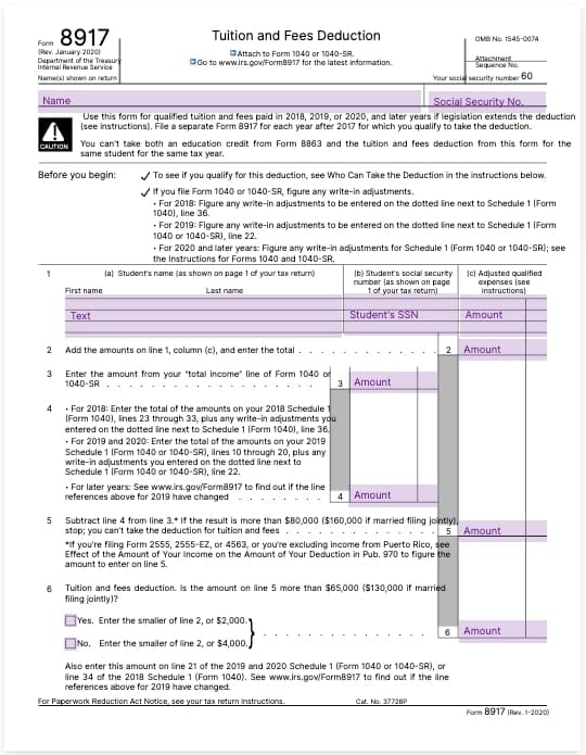 Form 8917 Tuition and Fees Deduction for Students Parents